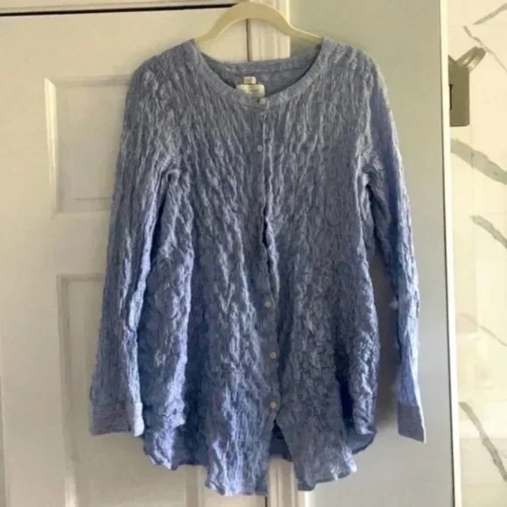 LOFT Women's Blue and White Striped Collarless Seersucker Button-Up Tunic